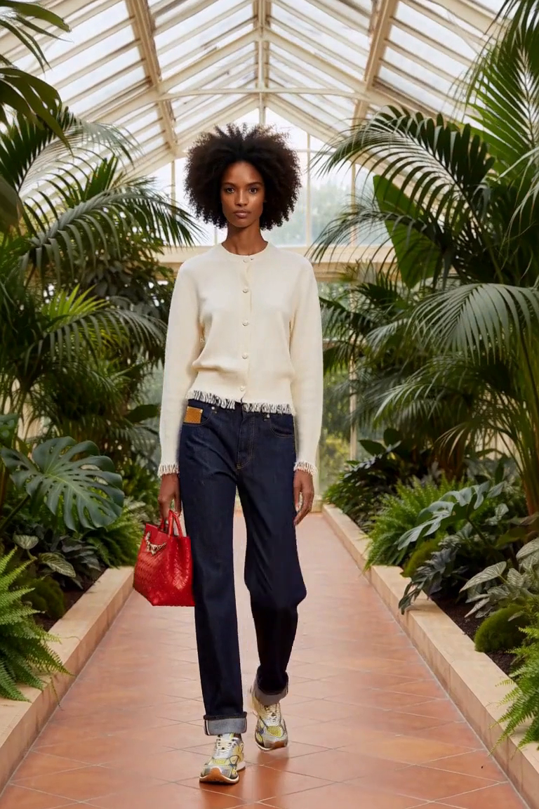 A botanical glasshouse with tall green palms in the background and a broad terracotta tiled aisle, soft humid daylight through glass. AI outfit styling illustration.