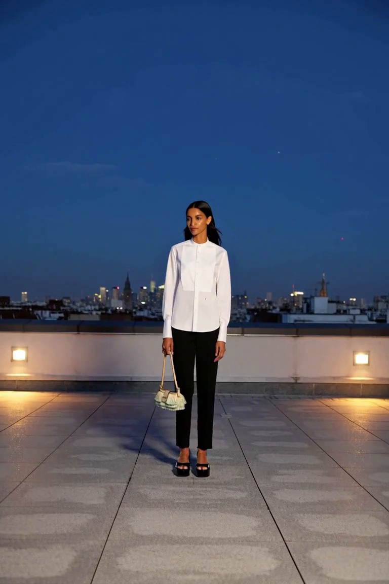 A spacious rooftop terrace at blue hour with distant out-of-focus city lights and a low concrete parapet, warm soft fill light on the outfit and flat grey paving. AI outfit styling illustration.