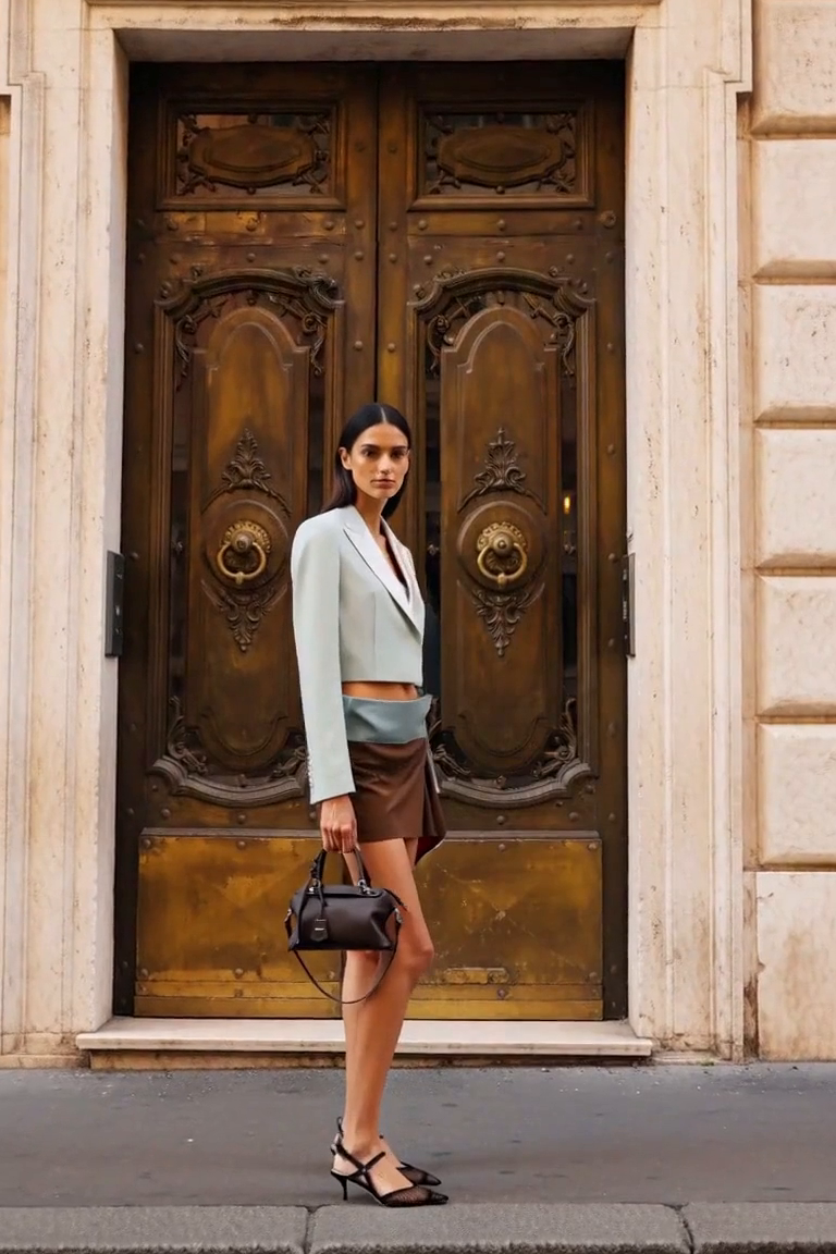 AI styling visual of an adult woman in a pale-blue cropped blazer and a brown asymmetric mini skirt with a blue folded waist, wearing monogram slingbacks and carrying a dark-brown bag.