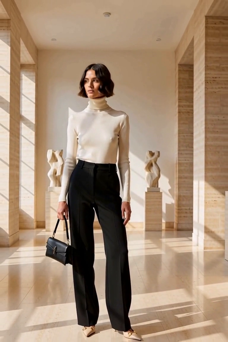 A travertine sculpture gallery with a single abstract stone sculpture far in the background, cream walls and floor, long soft window shadows. AI outfit styling illustration.