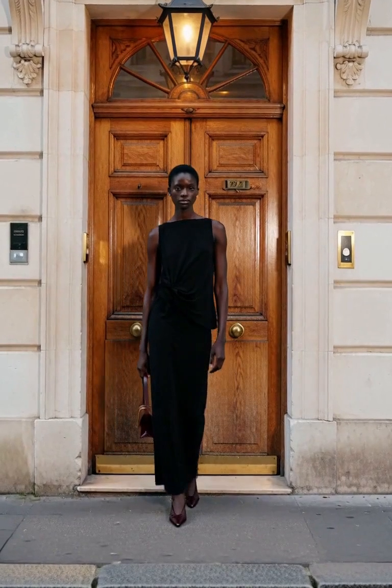 AI styling visual of a fictional adult woman wearing the Jacquemus evening outfit; exact pieces appear in the retailer photographs.
