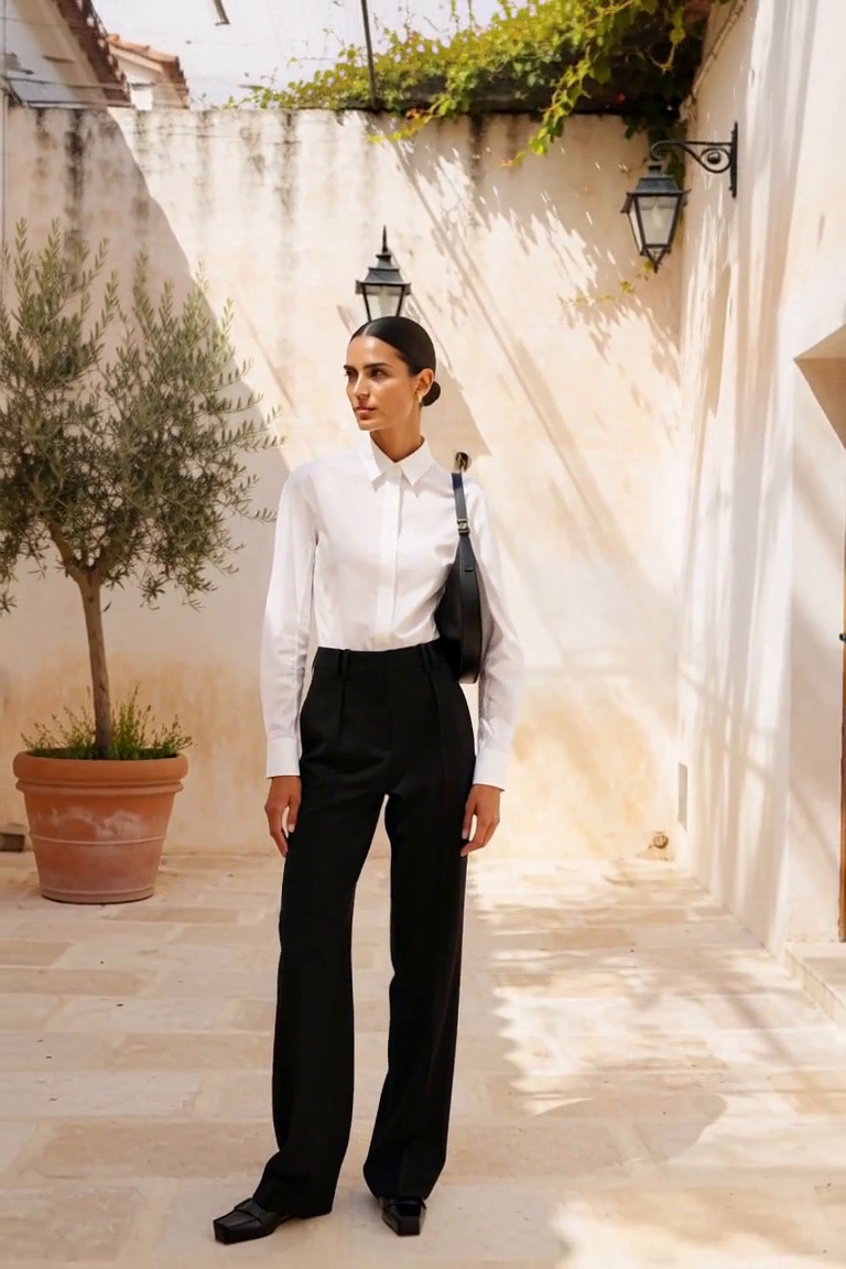 A quiet limewashed courtyard with an olive tree in a distant terracotta pot, rough white wall, pale flat stone paving and dappled morning light. AI outfit styling illustration.