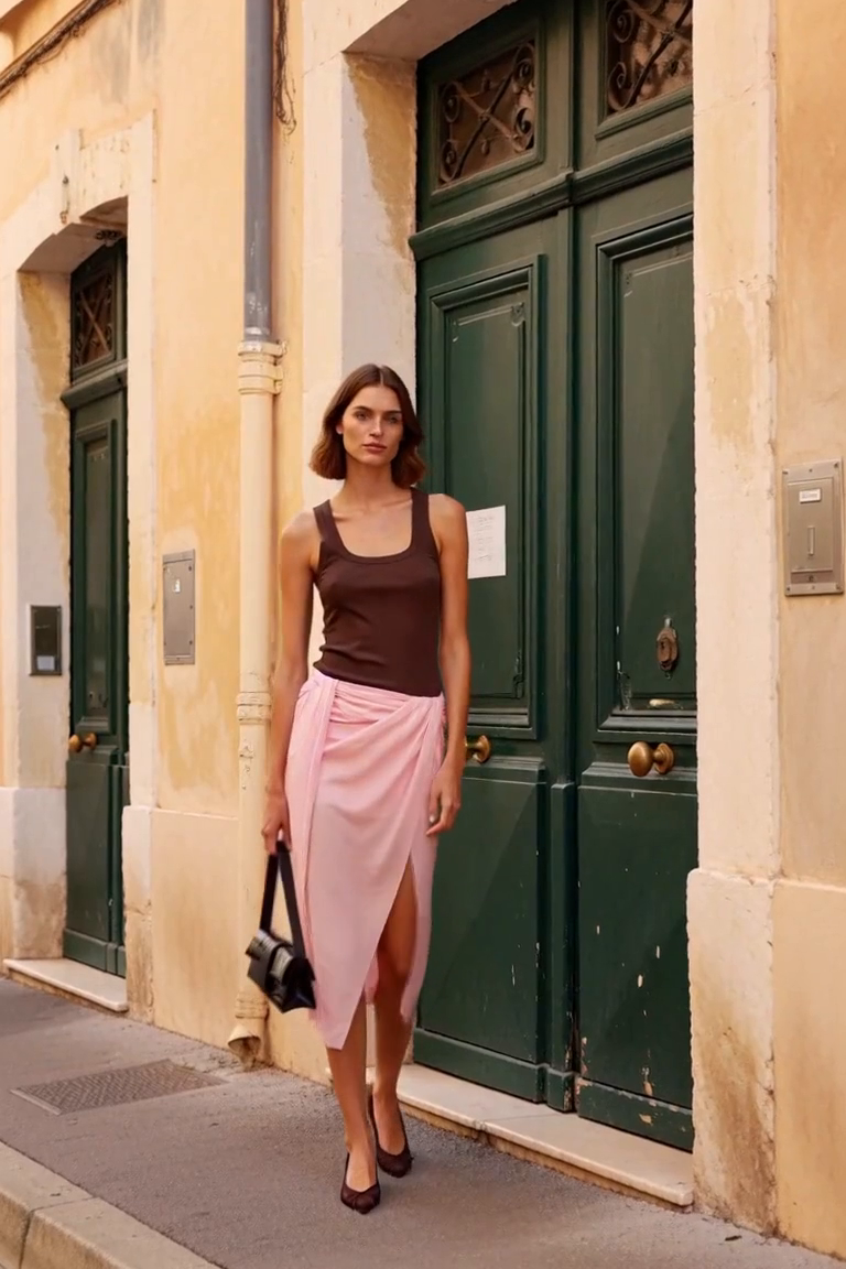 AI styling visual of an adult woman in a brown tank and pale-pink sarong midi skirt, wearing burgundy pumps and carrying a brown shoulder bag.