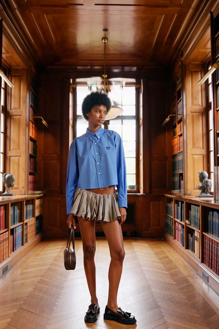 An oak-panelled reading library with low bookshelves and warm window light, unobstructed parquet floor. AI outfit styling illustration.