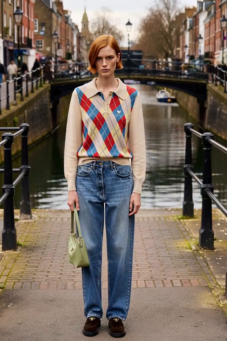 A brick canal-side towpath with dark still water and iron railings far behind, diffused cool daylight, level dry pavement. AI outfit styling illustration.
