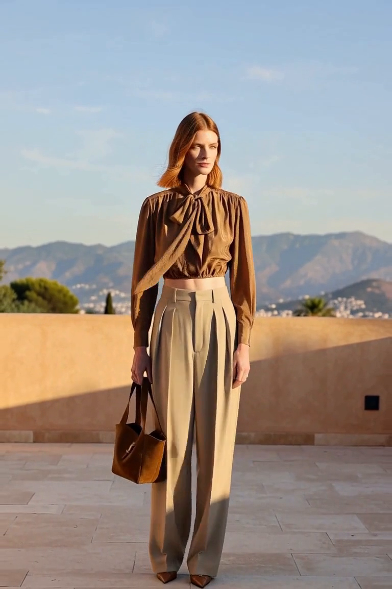 An open sandstone terrace with a low solid parapet and pale distant hills, late afternoon side sunlight. AI outfit styling illustration.