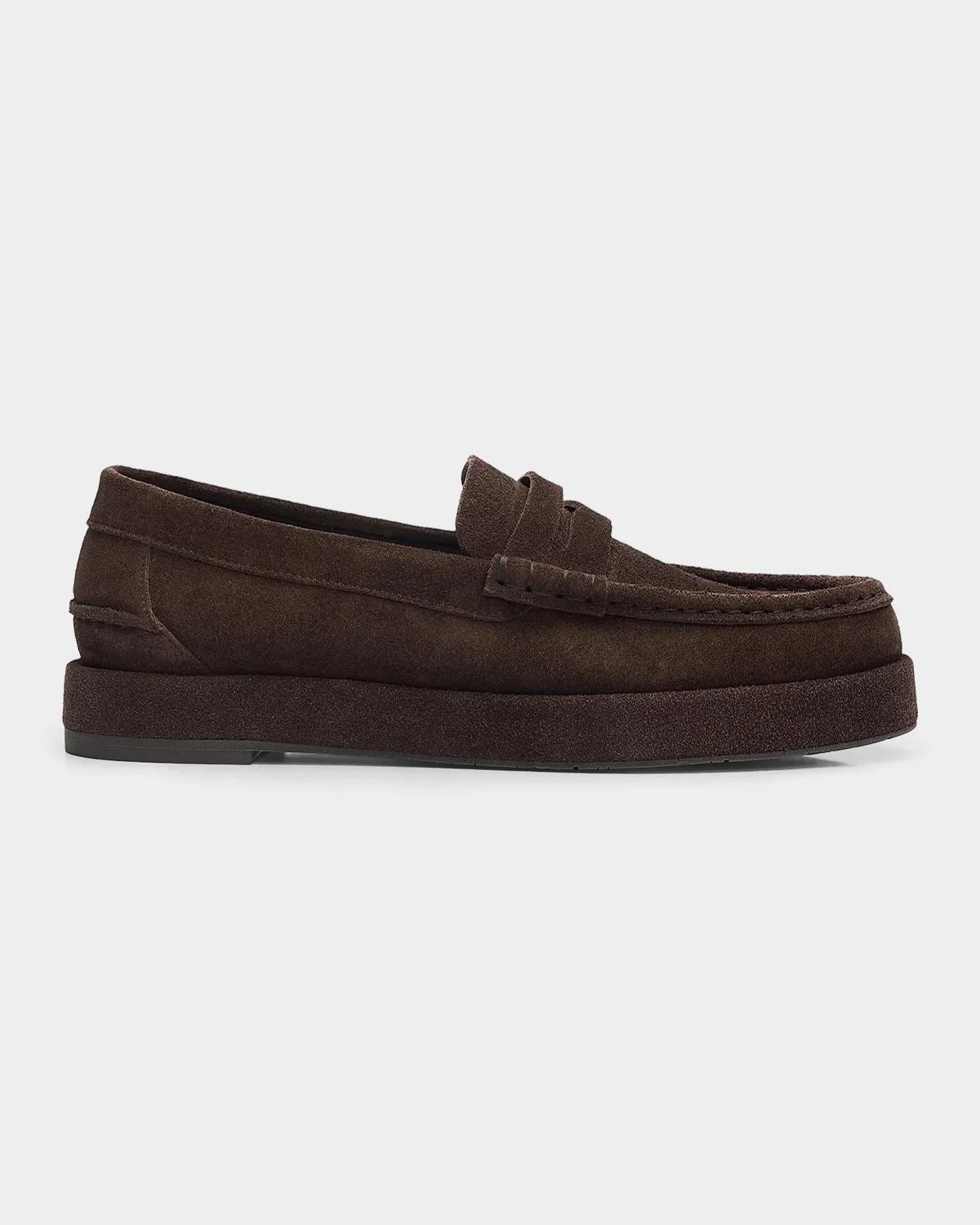 Retailer photograph of the brown Pedro Garcia Sergia suede penny loafer with a substantial sole.